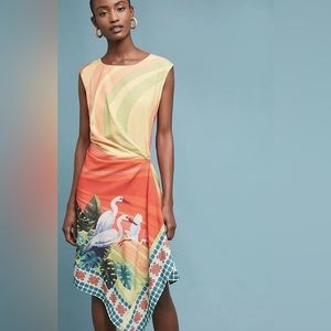 Anthropologie Eva Franco Bird Dress Vibrant Silky Ruched ✨